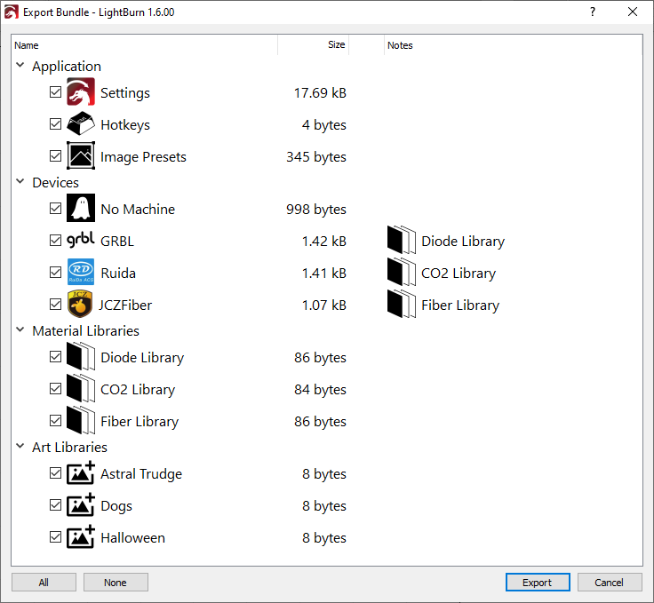 LightBurn 1.6.00 : User and Vendor Bundles, random orientation for Grid Array, rotatable workspace for GCode devices, and more